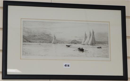 William Lionel Wyllie, etching, Big Class Yachting off Loch Long, Scotland, signed in pencil, 18 x 42cm